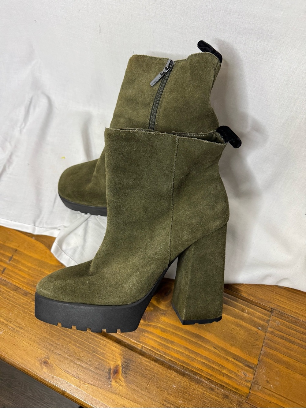 Schultz Women Olive Green Suede Platform Ankle Boot Side Zip Block Heel Lug Sole